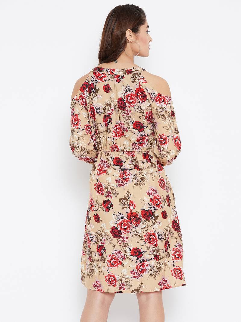 Women Cream and Multicolor Floral Printed Crepe Knee Length Dress
