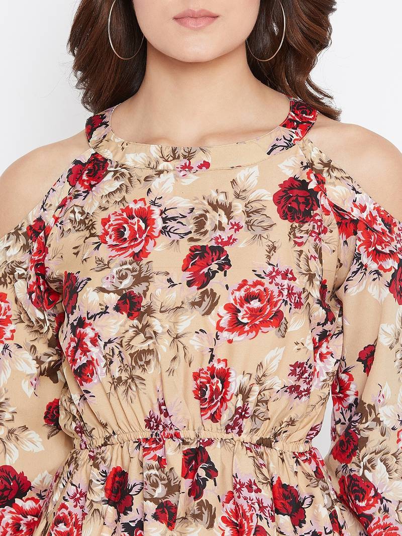 Women Cream and Multicolor Floral Printed Crepe Knee Length Dress