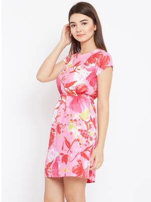 Women Pink Color Printed Above Knee Length Crepe Dress 3