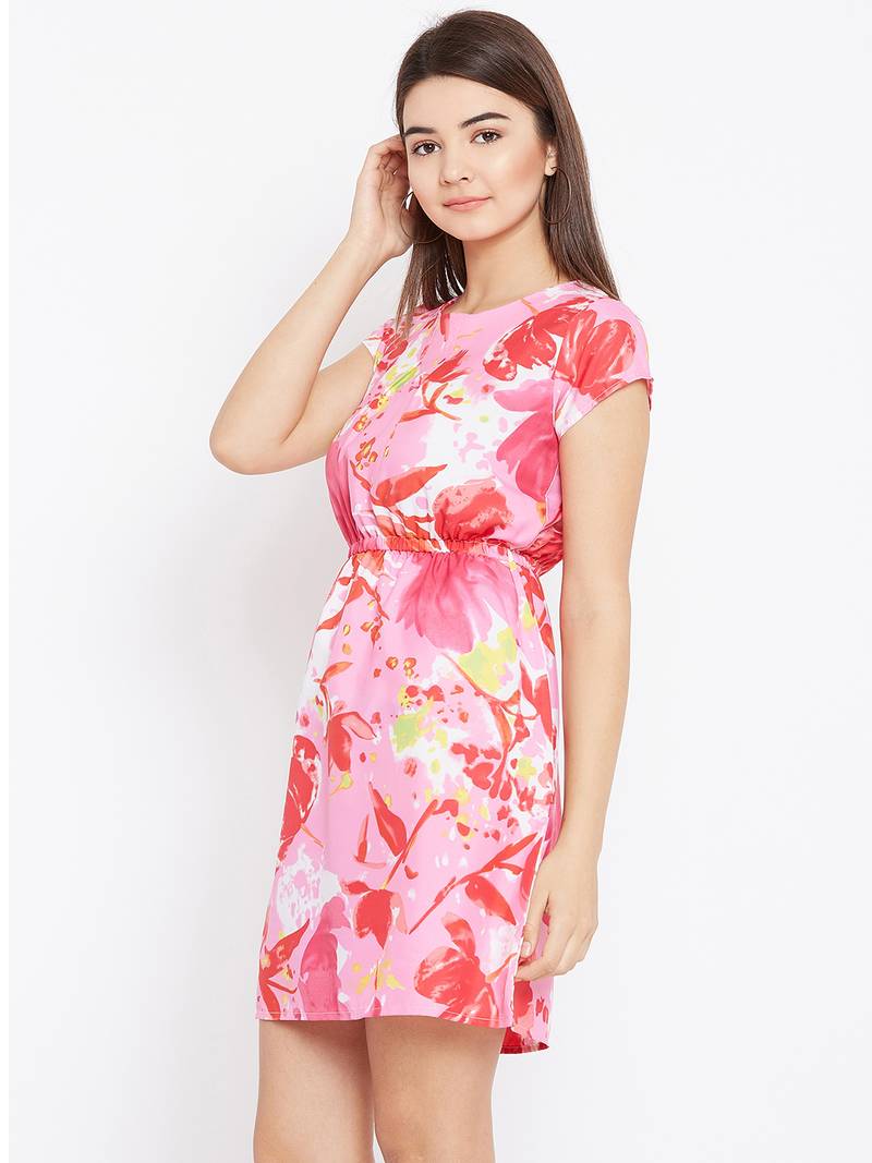 Women Pink Color Printed Above Knee Length Crepe Dress