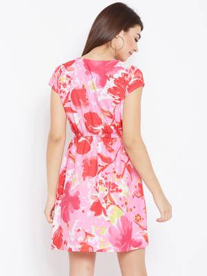 Women Pink Color Printed Above Knee Length Crepe Dress 5