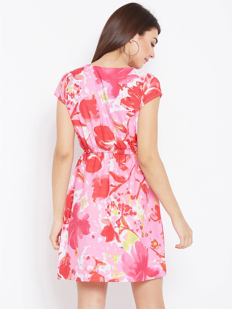 Women Pink Color Printed Above Knee Length Crepe Dress