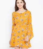 Women Mustard and Multicolor and Floral Printed Crepe Knee Length Dress
