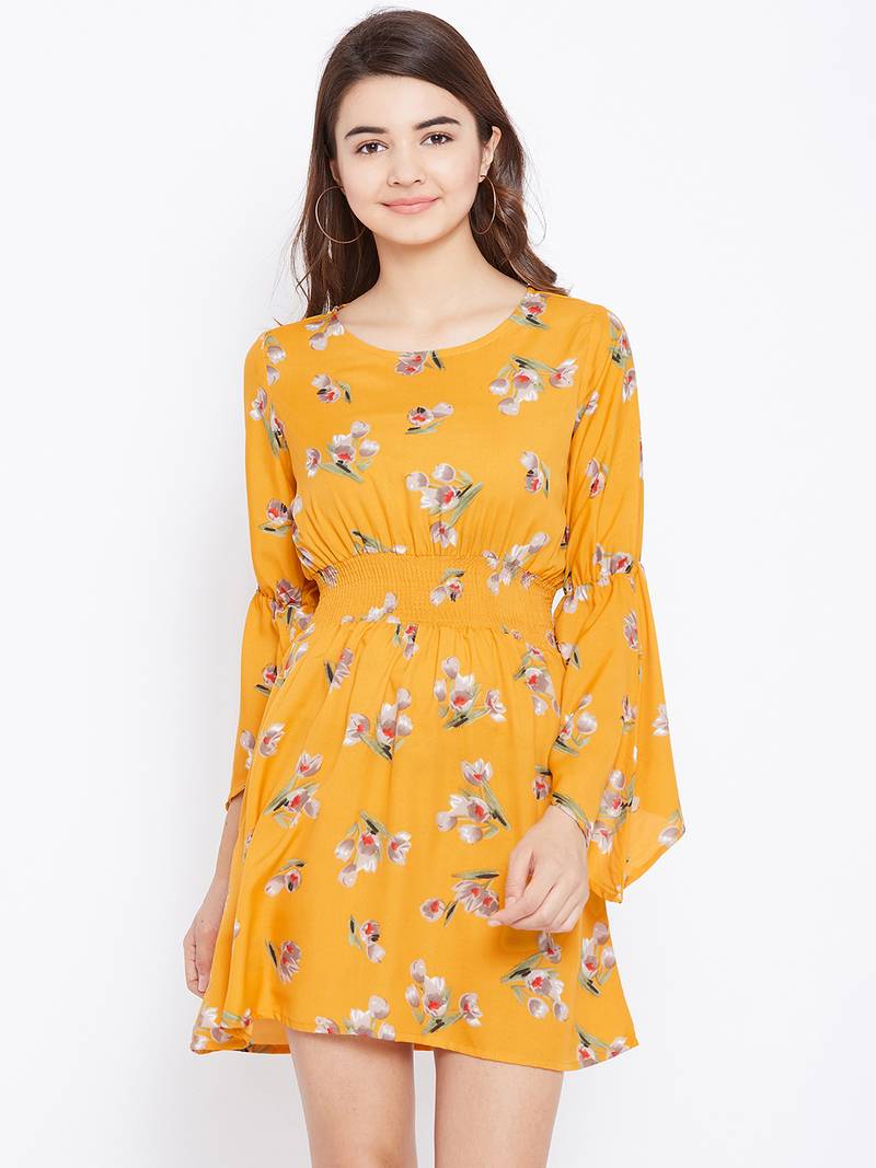 Women Mustard and Multicolor and Floral Printed Crepe Knee Length Dress