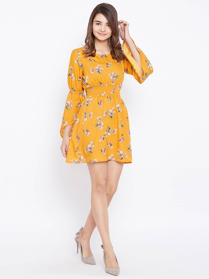 Women Mustard and Multicolor and Floral Printed Crepe Knee Length Dress