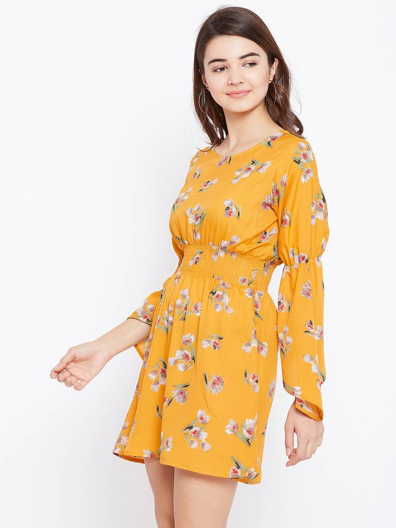 Women Mustard and Multicolor and Floral Printed Crepe Knee Length Dress