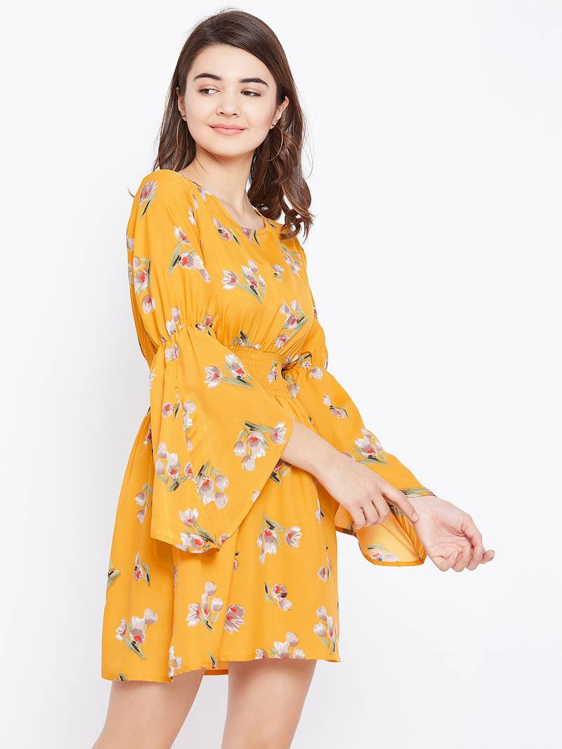 Women Mustard and Multicolor and Floral Printed Crepe Knee Length Dress