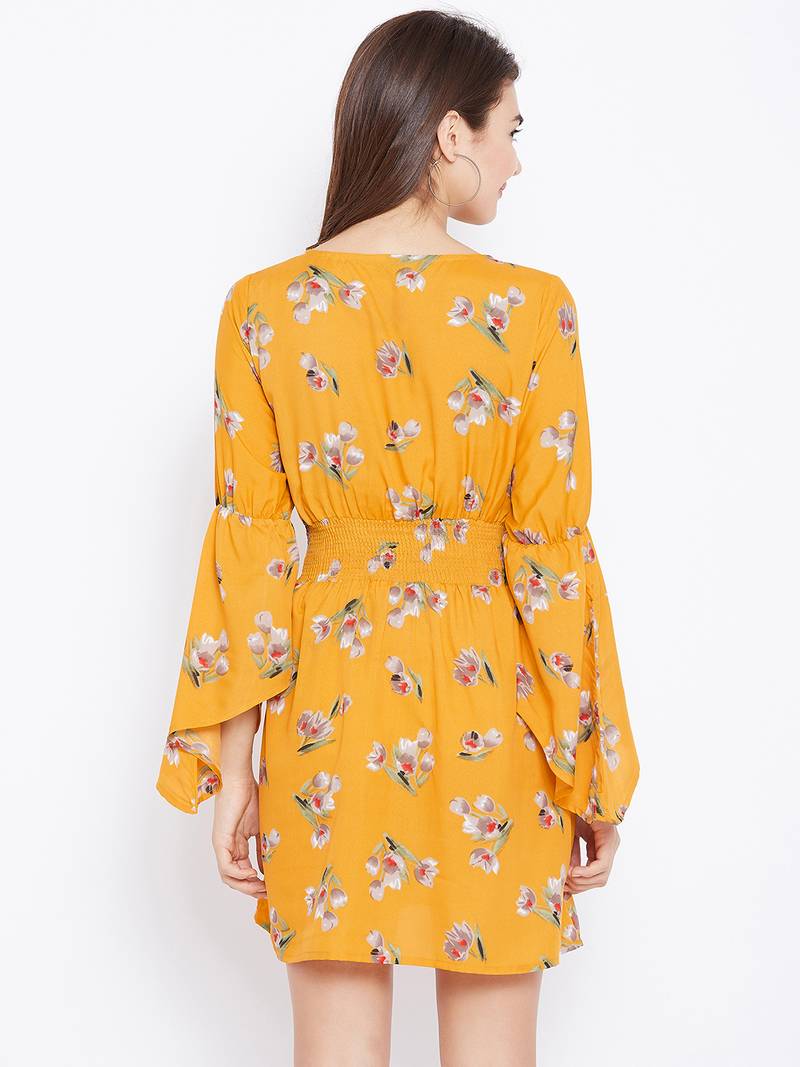 Women Mustard and Multicolor and Floral Printed Crepe Knee Length Dress