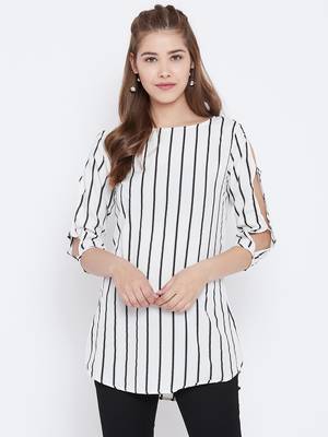 Women White Color Stripe Printed crepe Tunic 1