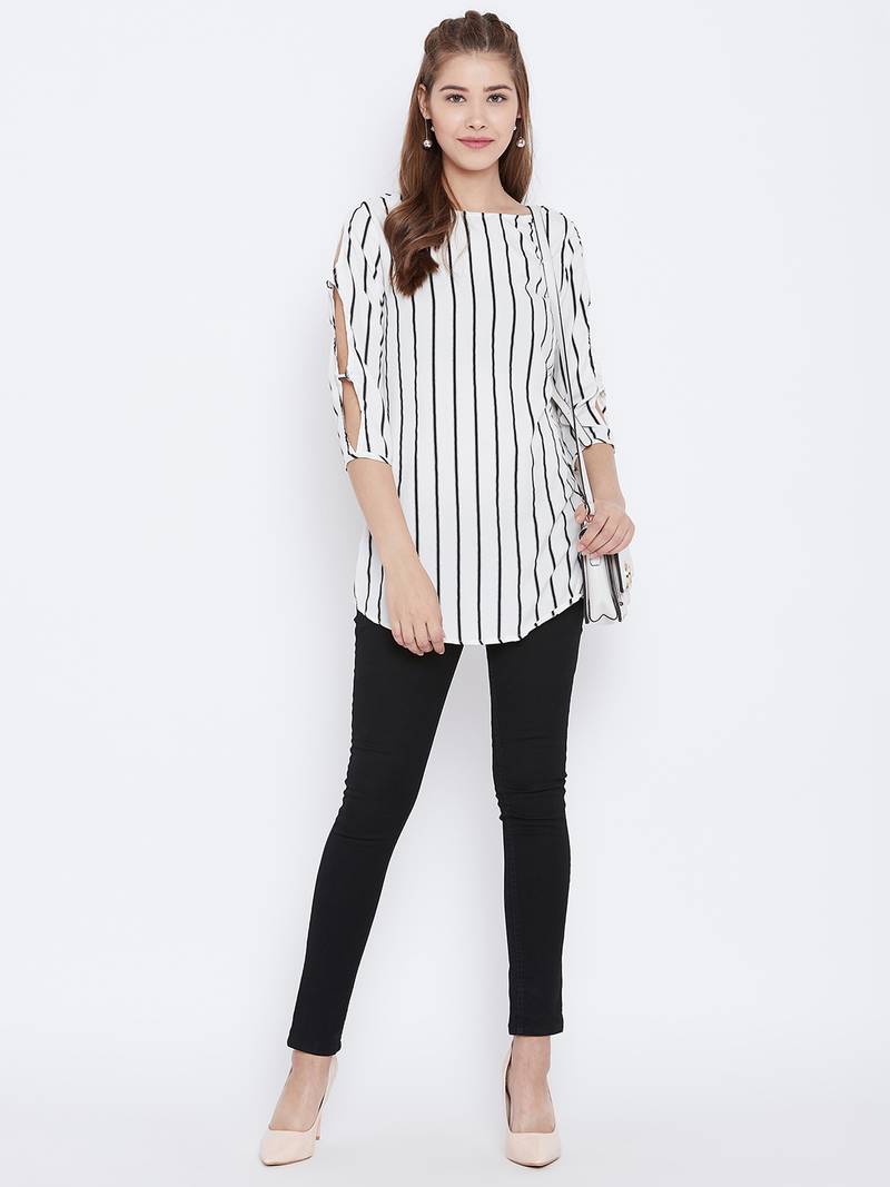 Women White Color Stripe Printed crepe Tunic