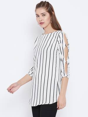 Women White Color Stripe Printed crepe Tunic 3
