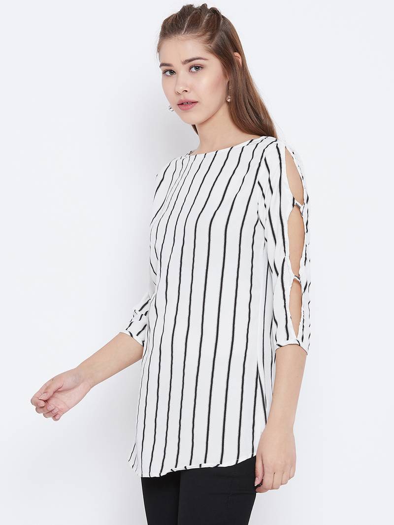 Women White Color Stripe Printed crepe Tunic