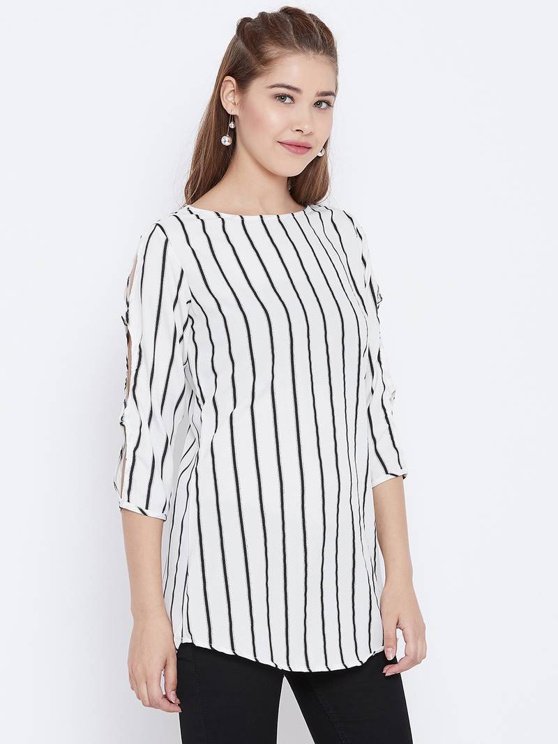 Women White Color Stripe Printed crepe Tunic