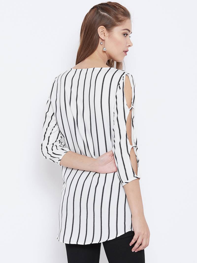 Women White Color Stripe Printed crepe Tunic