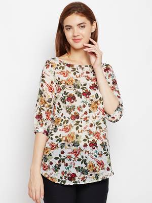 Women Beige and Multicolor Floral Printed georgette Top 1