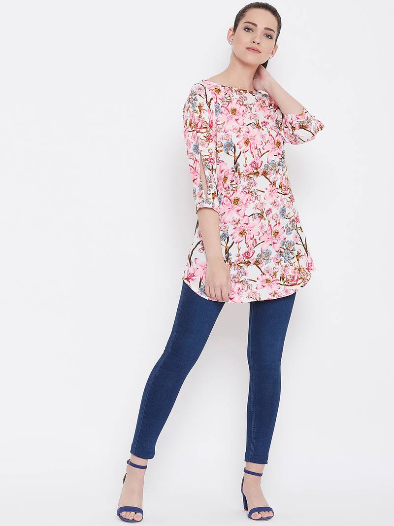 Women Cream Multicolor Floral Printed crepe Tunic
