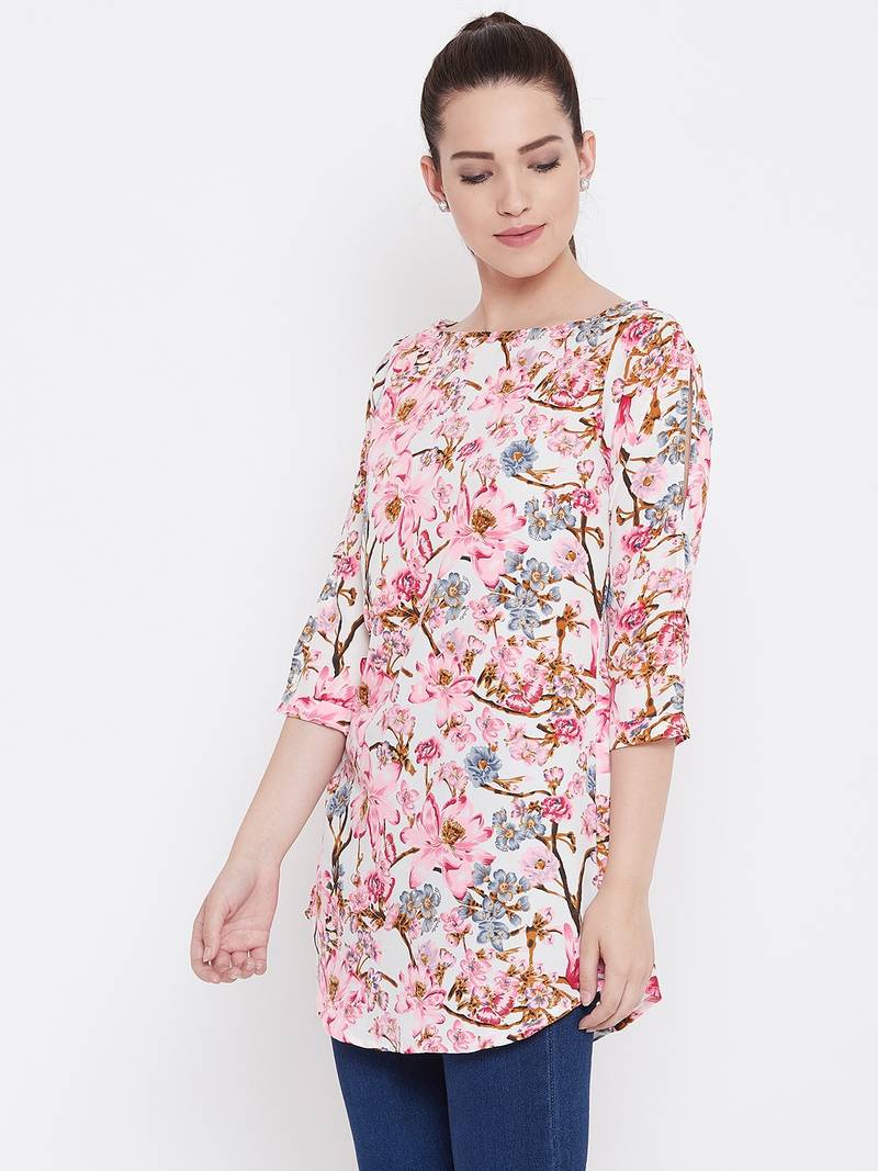 Women Cream Multicolor Floral Printed crepe Tunic