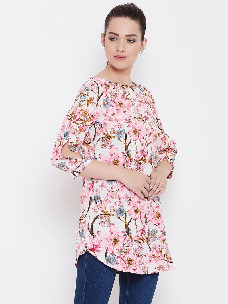 Women Cream Multicolor Floral Printed crepe Tunic