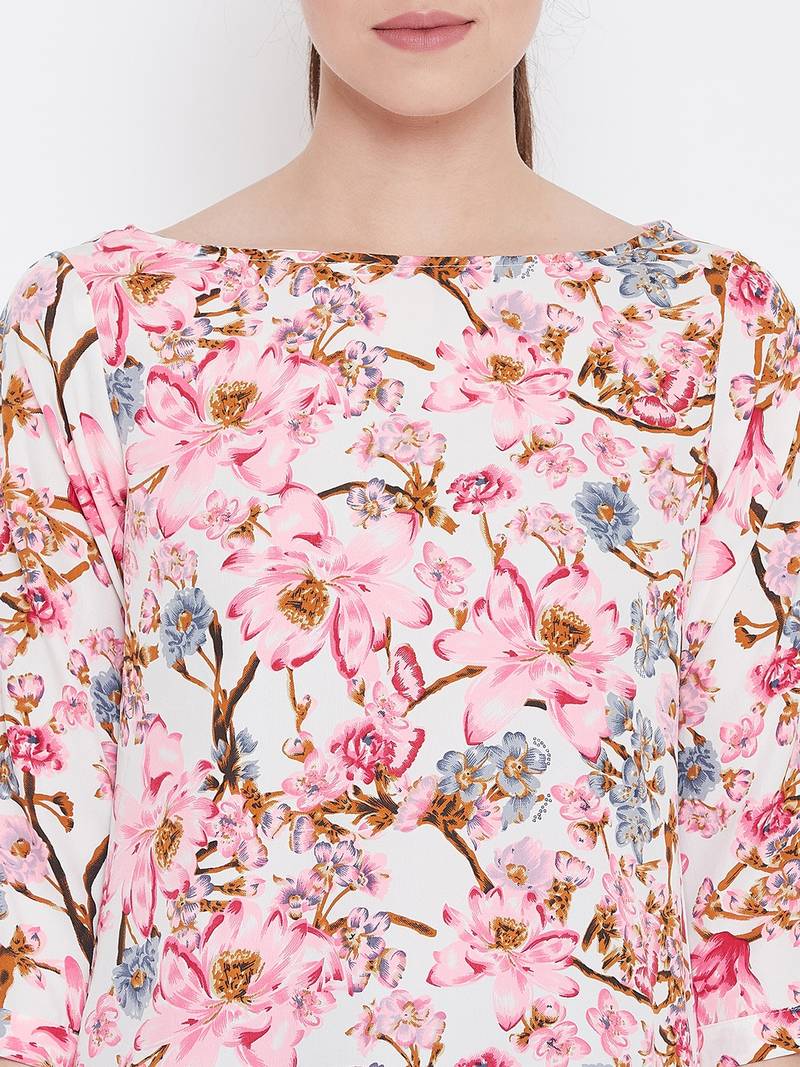 Women Cream Multicolor Floral Printed crepe Tunic