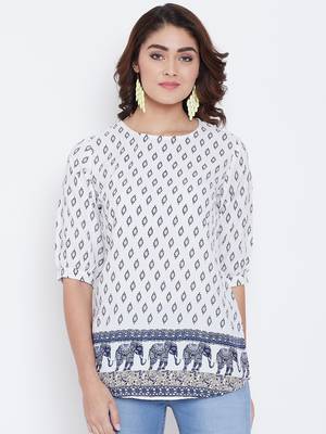 Women White and Multicolor Printed crepe Top 1