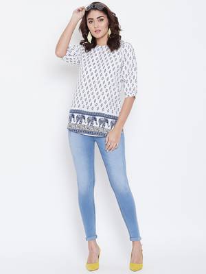 Women White and Multicolor Printed crepe Top 2