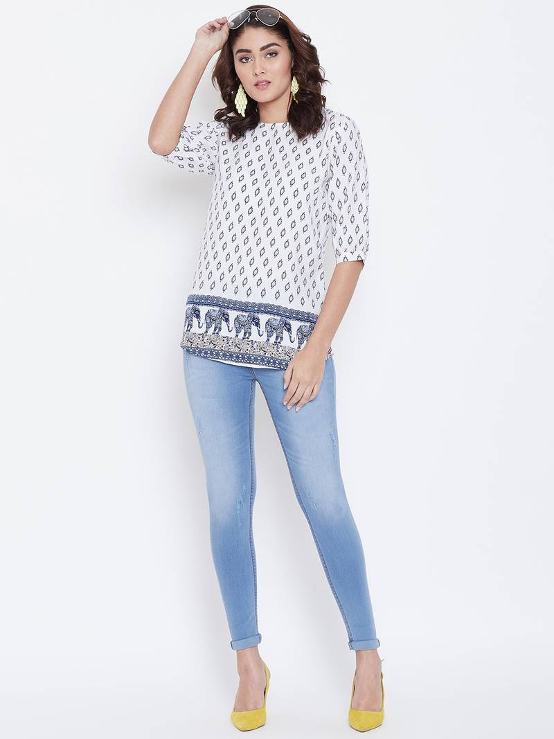 Women White and Multicolor Printed crepe Top