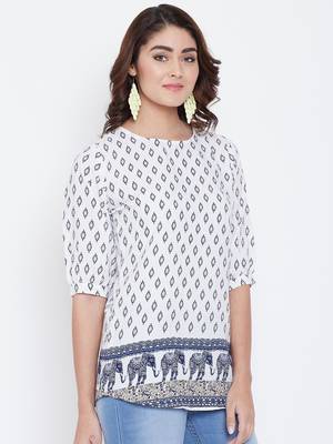 Women White and Multicolor Printed crepe Top 4