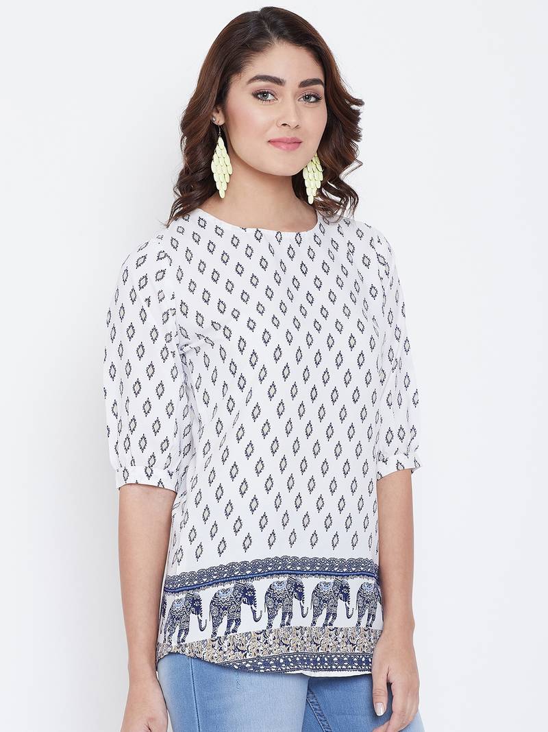 Women White and Multicolor Printed crepe Top