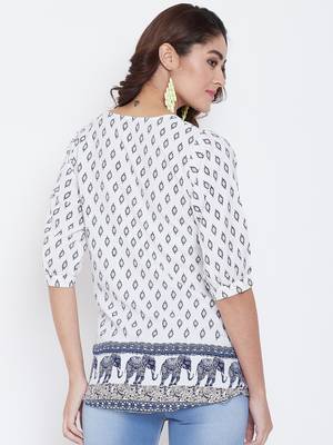 Women White and Multicolor Printed crepe Top 5