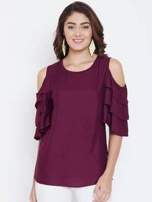 Women Maroon Color Cold With bell Sleeve Rayon Top 1