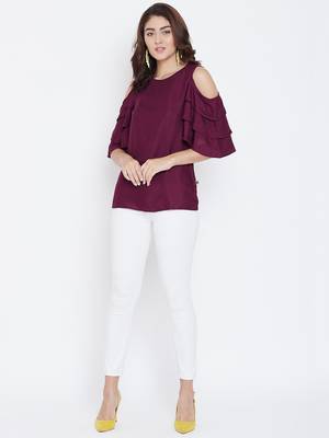 Women Maroon Color Cold With bell Sleeve Rayon Top 2