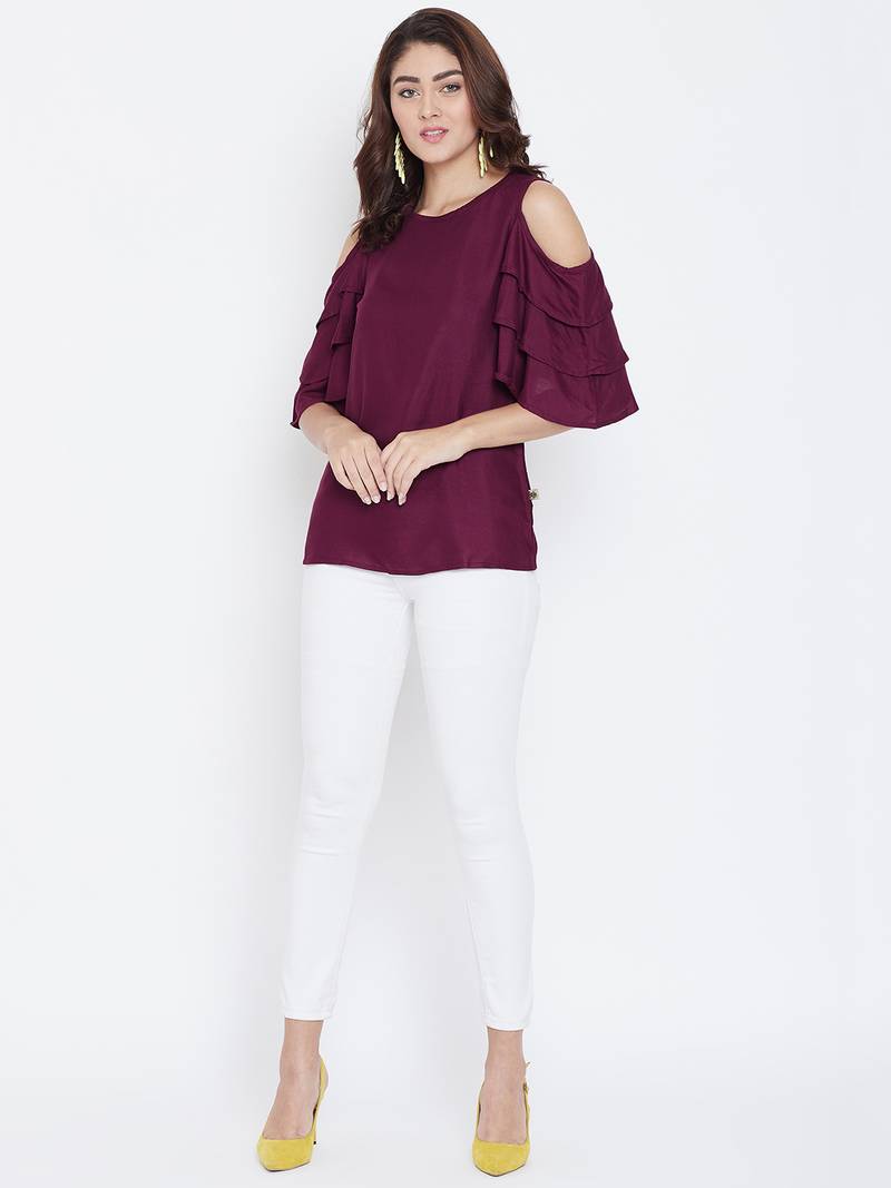 Women Maroon Color Cold With bell Sleeve Rayon Top