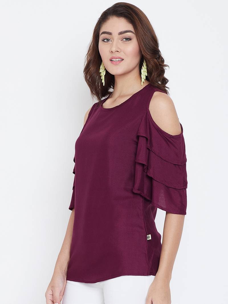 Women Maroon Color Cold With bell Sleeve Rayon Top
