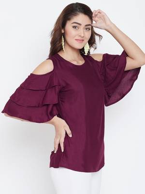 Women Maroon Color Cold With bell Sleeve Rayon Top 4
