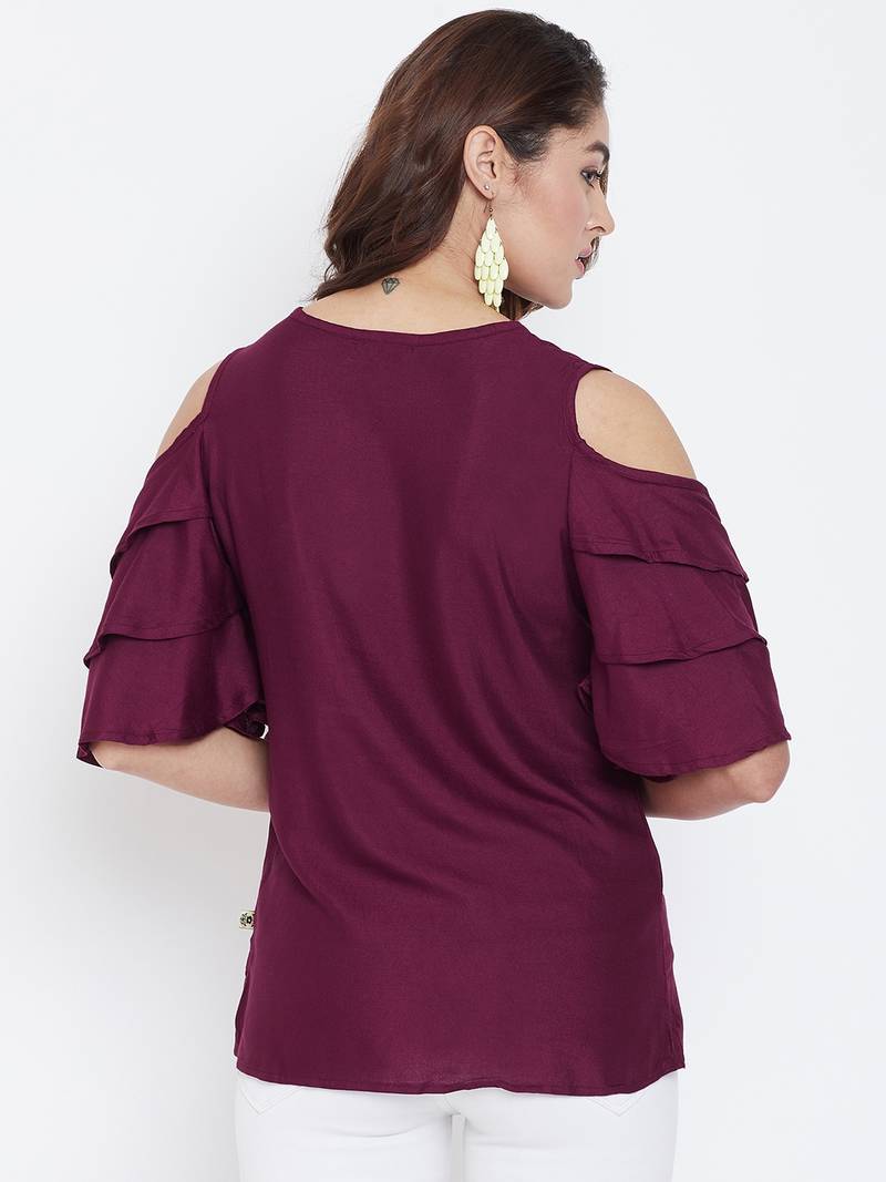 Women Maroon Color Cold With bell Sleeve Rayon Top