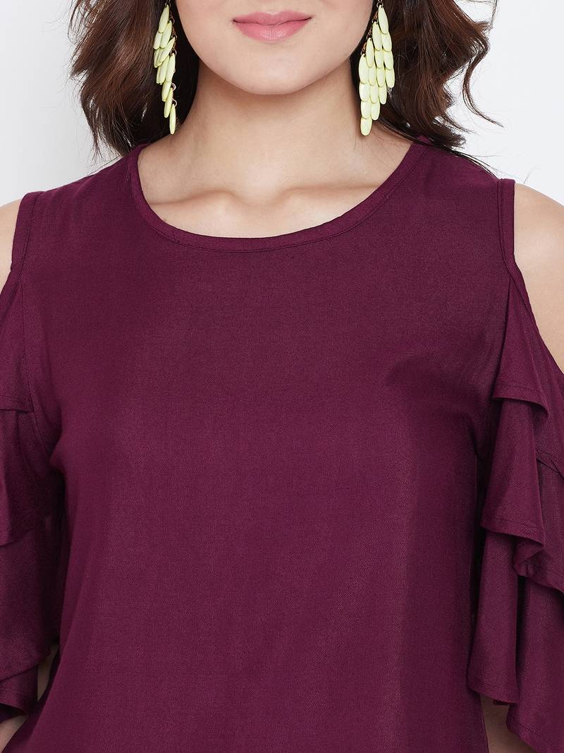 Women Maroon Color Cold With bell Sleeve Rayon Top
