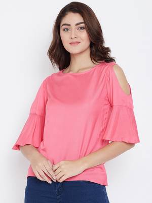 Women Pink Color Cold With bell Sleeve Rayon Top 1