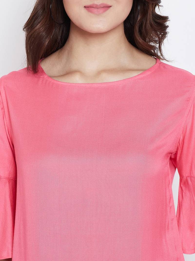 Women Pink Color Cold With bell Sleeve Rayon Top