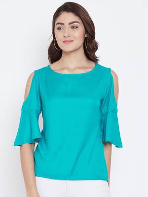 Women Turquoise Color Cold With bell Sleeve Rayon Top 1