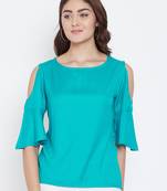 Women Turquoise Color Cold With bell Sleeve Rayon Top