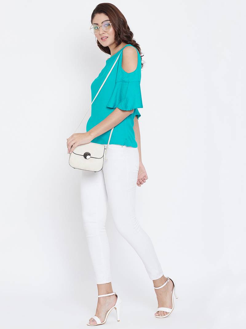 Women Turquoise Color Cold With bell Sleeve Rayon Top