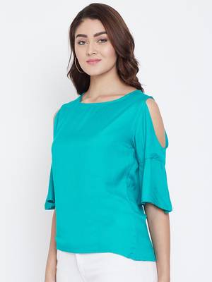 Women Turquoise Color Cold With bell Sleeve Rayon Top 3