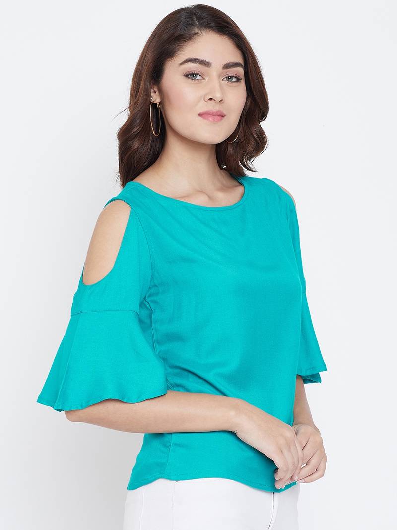 Women Turquoise Color Cold With bell Sleeve Rayon Top