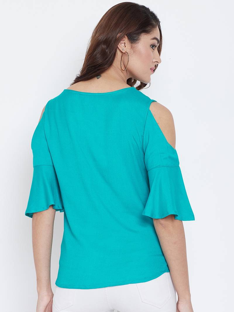 Women Turquoise Color Cold With bell Sleeve Rayon Top