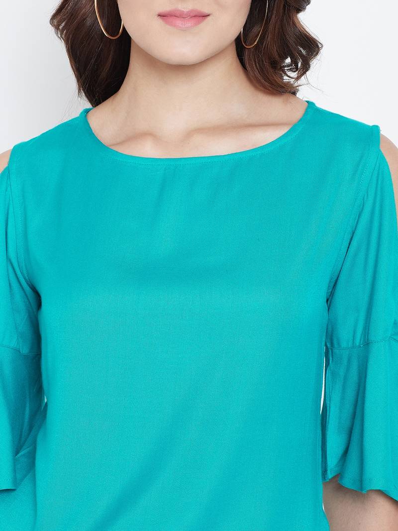 Women Turquoise Color Cold With bell Sleeve Rayon Top