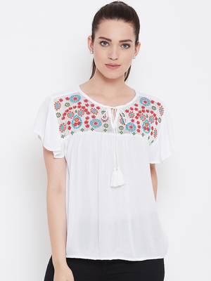 Women White Color Embroidered Rayon Tie up neck Top 1