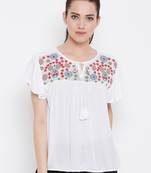 Women White Color Embroidered Rayon Tie up neck Top