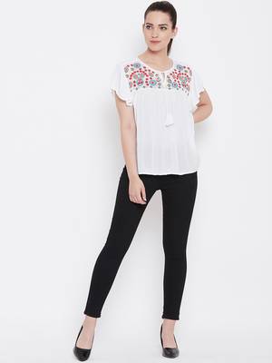 Women White Color Embroidered Rayon Tie up neck Top 2