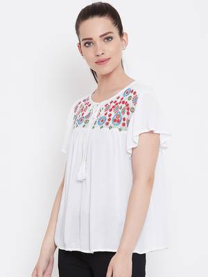 Women White Color Embroidered Rayon Tie up neck Top 3
