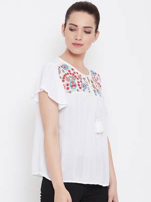 Women White Color Embroidered Rayon Tie up neck Top 4